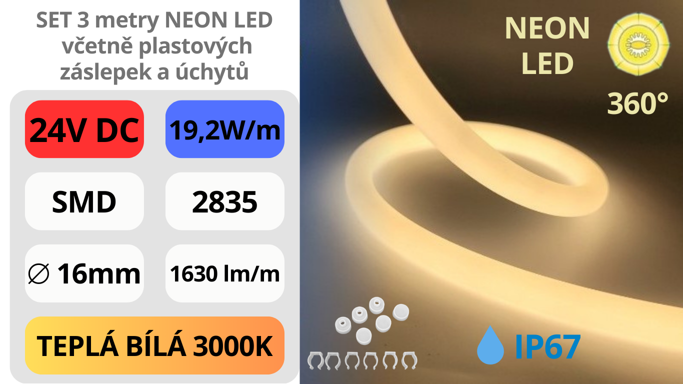 LED NEON KULATÝ Ø16mm / 24V / 19,2W / IP67 / 3000K / SET 3m / HLADKÝ MATNÝ POVRCH